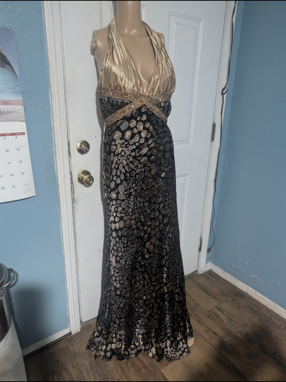 Dave & Johnny Black and Gold Halter Evening Dress